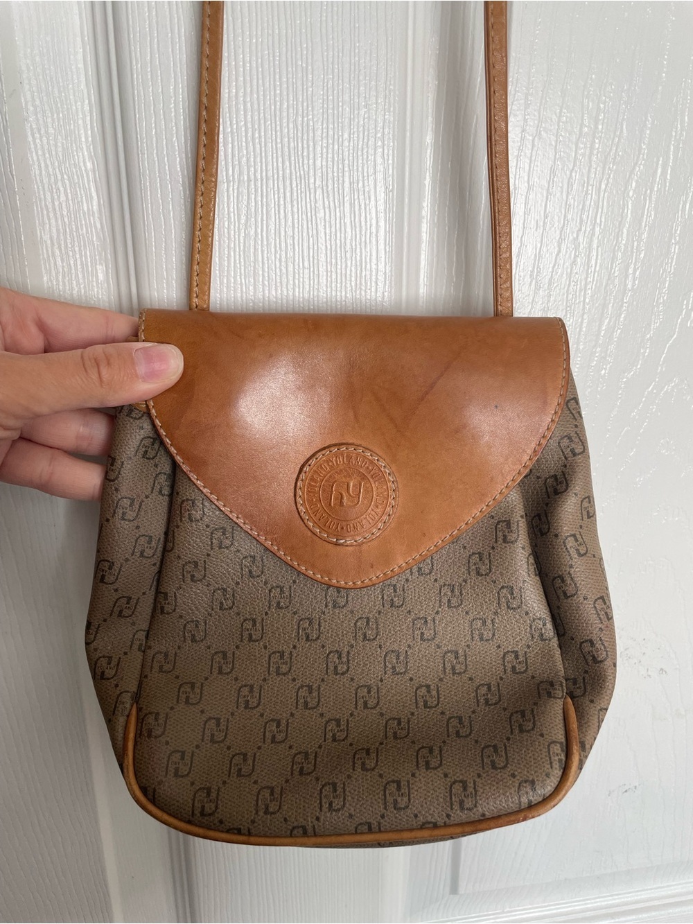 Vintage Yoland Brown/Tan Monogram Crossbody Shoulder Bag 8x2x6 inches